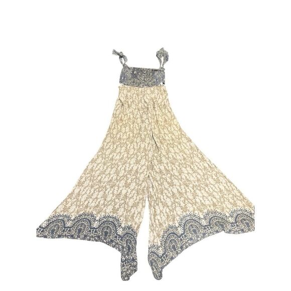 Free People Boho Smocked Wide-Leg Jumpsuit XS Blue Beige Floral Tie Straps - Picture 2 of 11